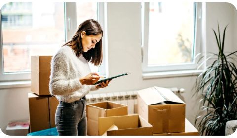 Photo of a woman revising a checklist, surrounded by packed boxes in an empty home.